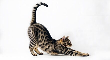 A Bengal cat stretches, showcasing its unique spotted coat against a plain white background.