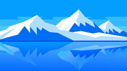 A vector illustration of a cold, snowy mountain landscape with a lake reflecting the high, icy peaks and clear blue sky