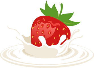Elegant illustration of strawberry dipping into smooth milk bowl highlights glossy seeds and leaf crown using soft light shading balanced