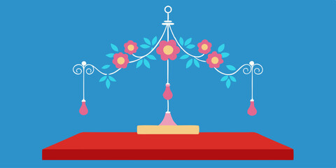 Golden scales balance Chinese New Year and Christmas tree with candles, symbolizing the comparison of diverse cultural celebrations