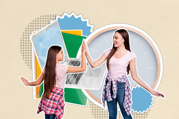 Full 3d art trend collage of happy mother small daughter schoolgirl stand education supplies laptop notepad show high-five gesture