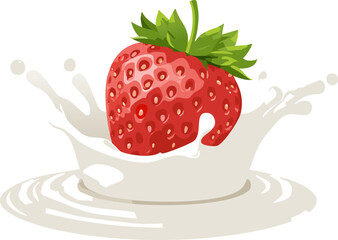 Playful minimal artwork shows juicy red strawberry splashing through silky milk ring creating lively droplets while vast clean background offers room for text ideal for smoothie branding