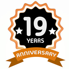 Celebrating 19 years anniversary label with orange ribbon. 3d render.