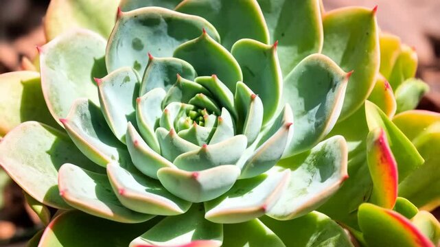 Close-up of a vibrant green Echeveria succulent plant showcasing its symmetrical rosette of fleshy leaves and pointed red tips under sunlight.