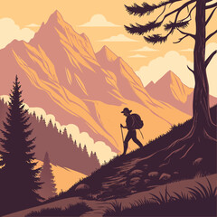 Obraz premium Hiker Silhouette Mountain Landscape Sunset Colors mountains