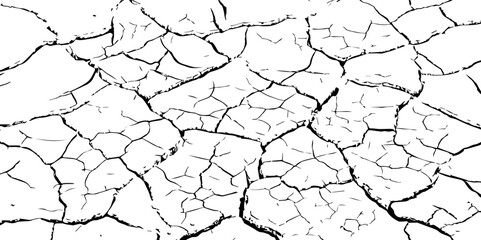 Black and white cracked earth texture with deep fissures, symbolizing extreme dryness, environmental damage, or climate change. Ideal for nature backgrounds, drought themes, or abstract design use.