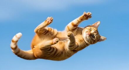 Obraz premium A ginger cat falling through the air, belly up against a clear blue sky.