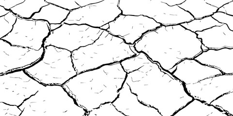 Black and white cracked earth texture with intricate patterns, symbolizing extreme drought, environmental stress, or parched landscapes. Perfect for backgrounds, climate themes, or natural decay visua