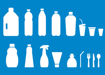 Different plastic objects such as plastic water bottles, cups, containers, tableware, straws and disposable utensils. Concept of water pollution with microplastics. 