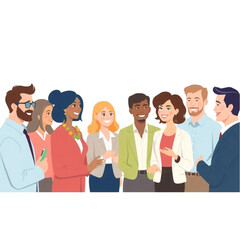 A group of nine leaders are networking with visitors at a booth. Everyone is smiling or nodding, showing active participation.