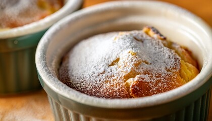 a close up of a delicious powdered sugar covered dessert in a ramekin