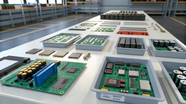 Display of electronic components showcases circuit boards, resistors, and capacitors at a manufacturing facility for the tech industry in mass production.