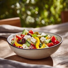 Fresh vegetable salad served in a bowl on a wooden table outdoors during daylight