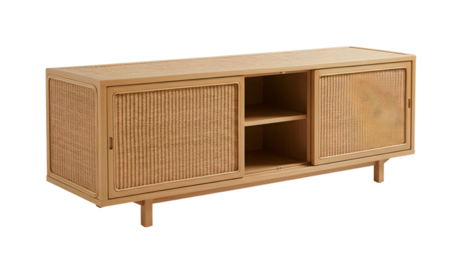 Modern wooden cabinet with rattan doors, showcasing minimalist design, placed in a bright, stylish living room setting
