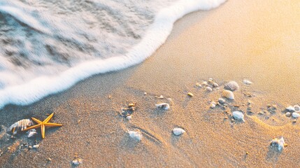 Tropical Beach with Shells and Starfish: Overhead View, Golden Sunlight, Minimalist for Summer Posters