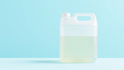 Plastic container with liquid on pastel blue background  