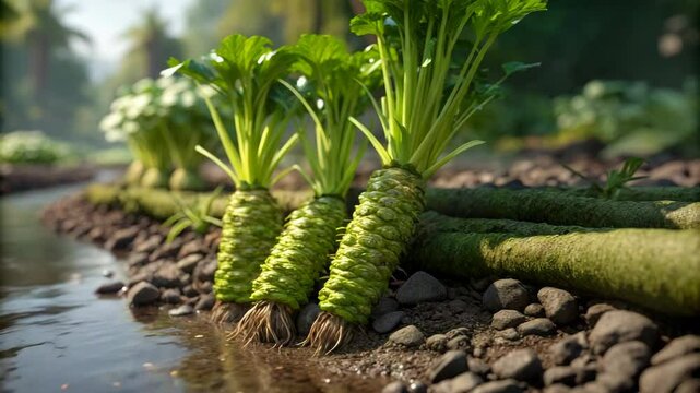 Cultivation of fresh wasabi plants thrives near a stream, displaying vibrant green leaves in a natural environment, showcasing Japanese agriculture and spice production.