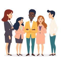 Obraz premium A group of five colleagues are preparing for a client pitch. They are dressed in business attire and seem engaged in the conversation.