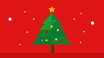 Fototapeta premium Abstract Christmas tree vector illustration with red ribbon, star, and snowflakes for a festive holiday greeting card design