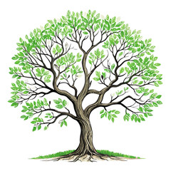 Watercolor tree illustration with green leaves and branches for nature themed designs and backgrounds on transparent background