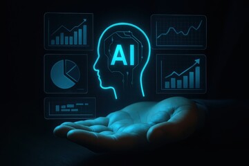 Human hand holding glowing ai head with charts artificial intelligence