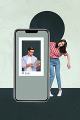 Contemporary artwork collage of happy girl guy stand phone heart notification icon social media...