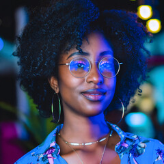 Black woman with natural afro and glasses in neon light
