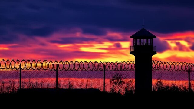 Silhouette of prison guard tower at sunset