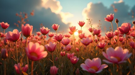Fototapeta premium A vibrant field of red and pink tulips under a dramatic sunset sky. A beautiful and romantic landscape representing love, passion, and the beauty of nature in spring.