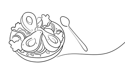 Vegetable avocado salad, continious line drawing. Helthy food outline. Vector illustration isolated on white background