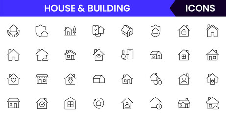 A clean vector icon set featuring home-related symbols like houses, keys, locks, and interiors, rentals, or smart home