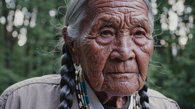 Native American elderly woman with traditional attire shares stories of their ancestry amidst a lush forest. They embody the richness of cultural wisdom passed through generations