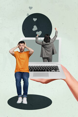 Banner sketch artwork collage of happy girl guy stand laptop heart notification icon social media...