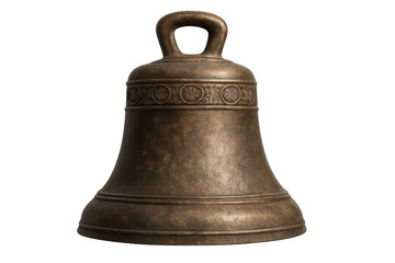 Ancient bronze bell with circular decorations isolated on transparent background, perfect for history or religious projects