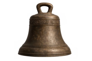 Ancient bronze bell with circular decorations isolated on transparent background, perfect for history or religious projects