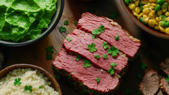 A hearty St. Patrick's Day meal with corned beef, green mashed potatoes and other traditional Irish dishes.