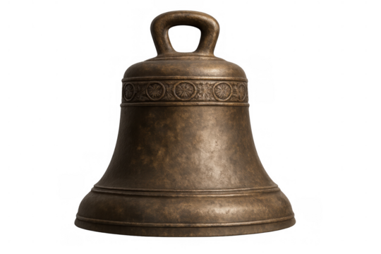 Ancient bronze bell with circular decorations isolated on transparent background, perfect for history or religious projects