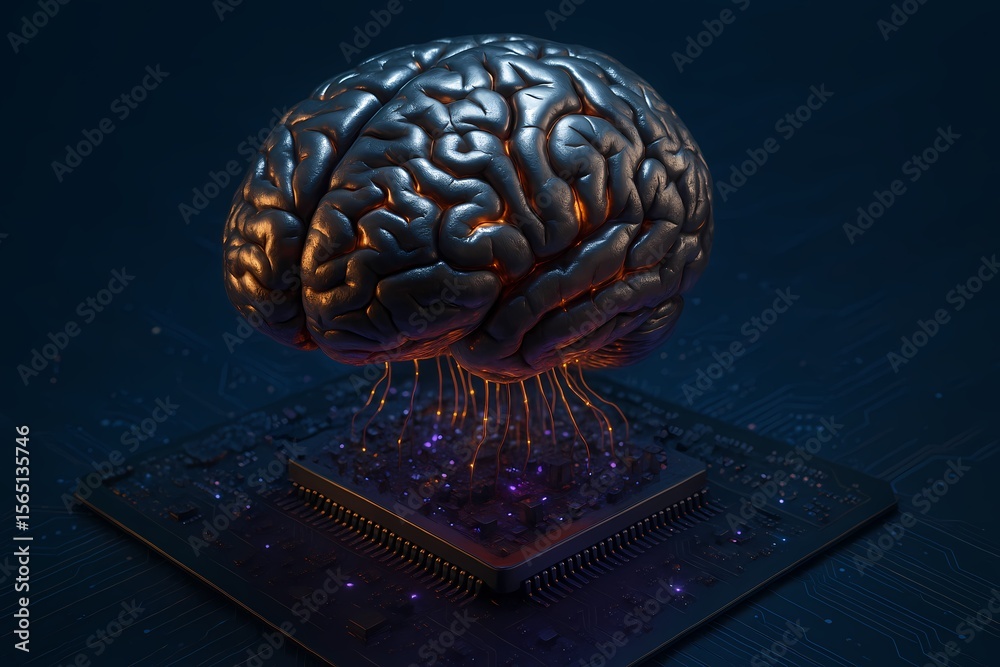 Aufkleber a metallic brain connected to a microchip on a dark background with glowing connections and particle