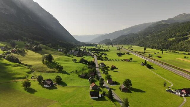 Scenic Aerial View of Rural Countryside and Alpine Landscape Near Flums, Berschis and Walenstadt, Switzerland &ndash; Drone Footage