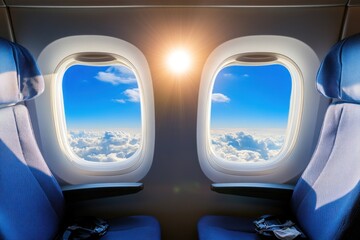Fototapeta premium Airplane Window View: Azure Sky, Fluffy Clouds, and Radiant Sun
