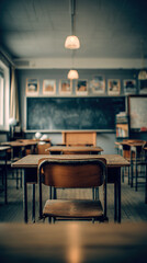 Empty Classroom, Desks, Chairs, Blackboard, School, Education, Learning, Pictures, Lights, Vintage