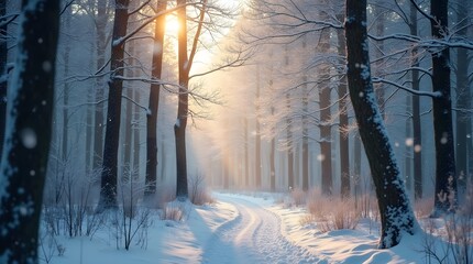 A serene winter landscape with a snow-covered path leading through a forest at sunrise or sunset. A peaceful and beautiful scene of nature in the cold season.
