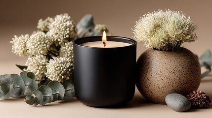 Handmade scented soy candle a minimalist matte black jar centered on cream background with eucalyptus beside