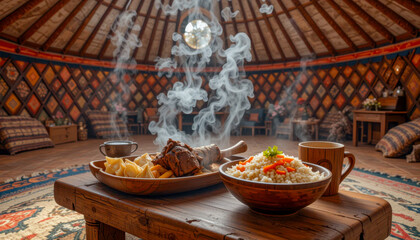 Fototapeta premium A rustic wooden table inside a yurt holds steaming bowls of lamb, dumplings, and rice, creating a warm, inviting scene of nomadic cuisine.