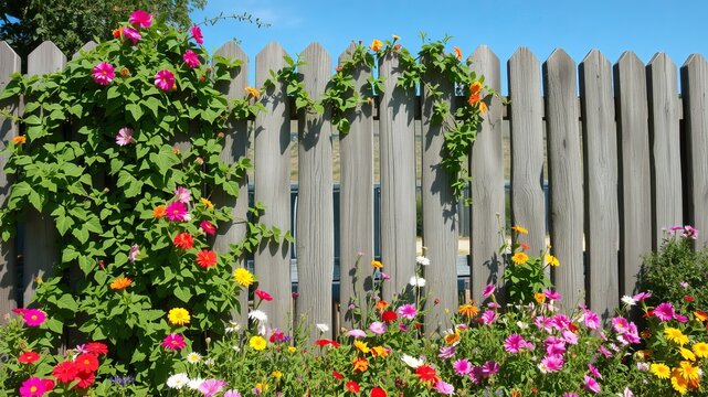 A weathered wooden fence adorned with vibrant flowers and climbing vines under a clear blue sky outdoors - Powered by Adobe