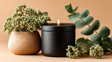 Handmade scented soy candle a minimalist matte black jar centered on cream background with eucalyptus beside