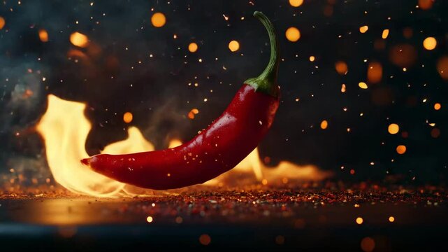 Red chili pepper surrounded by flames and flying sparks on dark background &ndash; dramatic food video in spicy orange and deep black tones &ndash; for hot sauce ads, restaurant promos, and culinary product brand