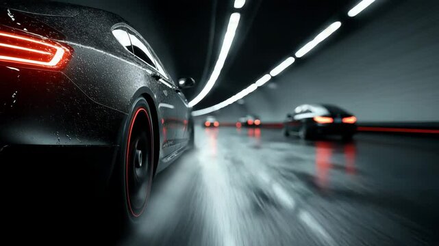 High-speed black sports car racing through wet tunnel at night with glowing red lights – dynamic automotive video in sleek black, silver, and neon tones – for car commercials, racing content - Powered by Adobe