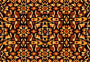 Intricate, angular shapes in earthy tones form a repeating geometric pattern reminiscent of tribal art,  brown,  gold