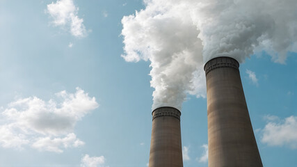 Single factory chimney releasing heavy smoke into a bright blue sky, highlighting the impact of industrial emissions.